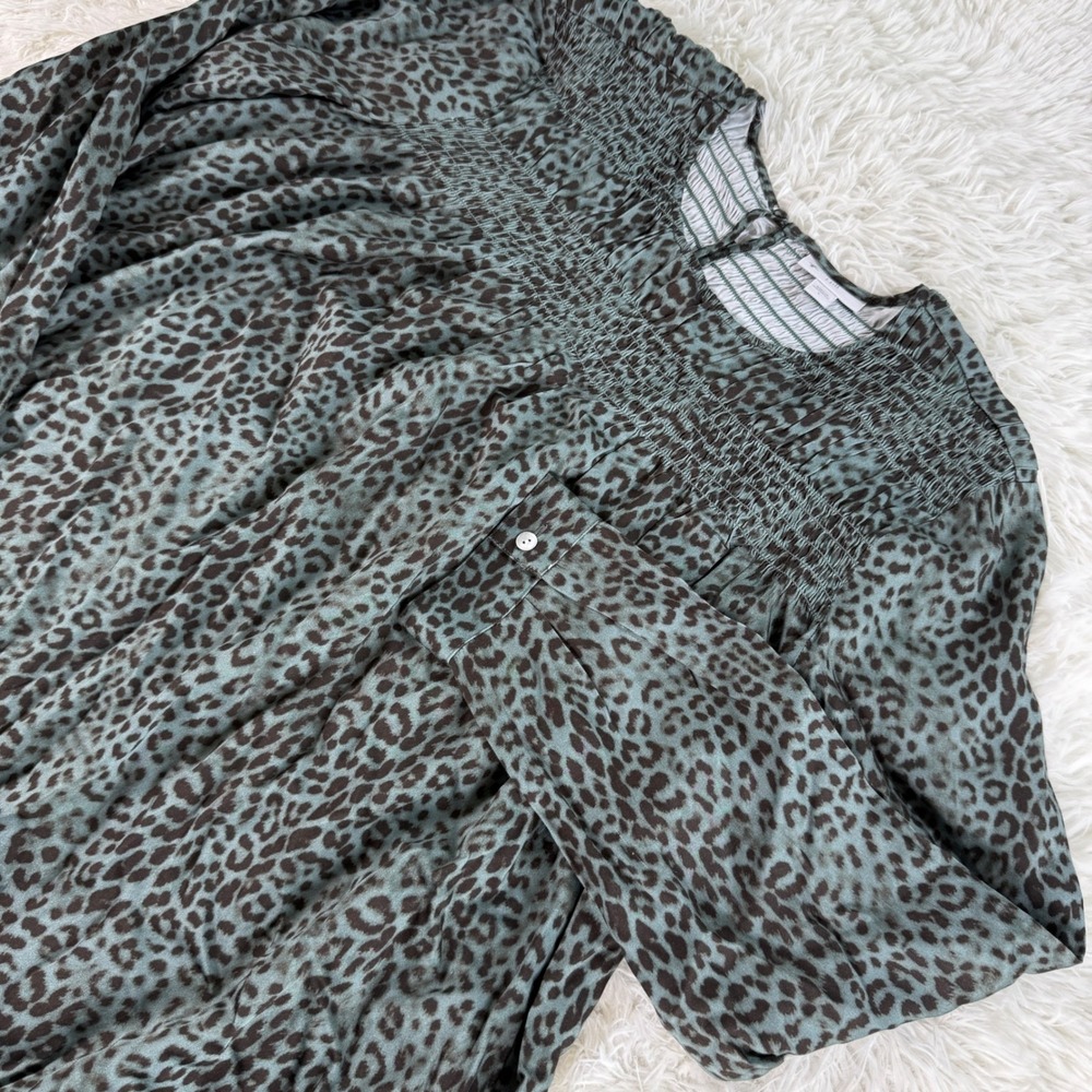 J.Jill Smocked Leopard Print Long Sleeve Viscose Tunic Top Women Size Large Chic